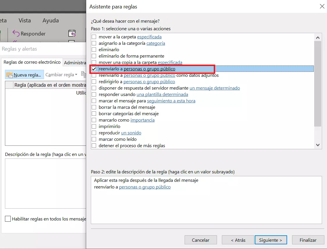Outlook 365: el Asistente de reglas - acciones