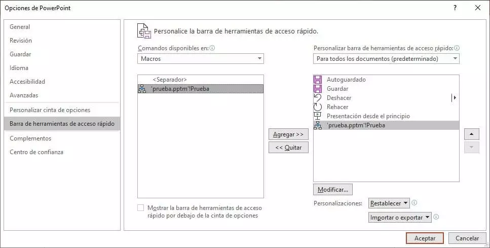 Menú “Barra de herramientas de acceso rápido” de PowerPoint 2016