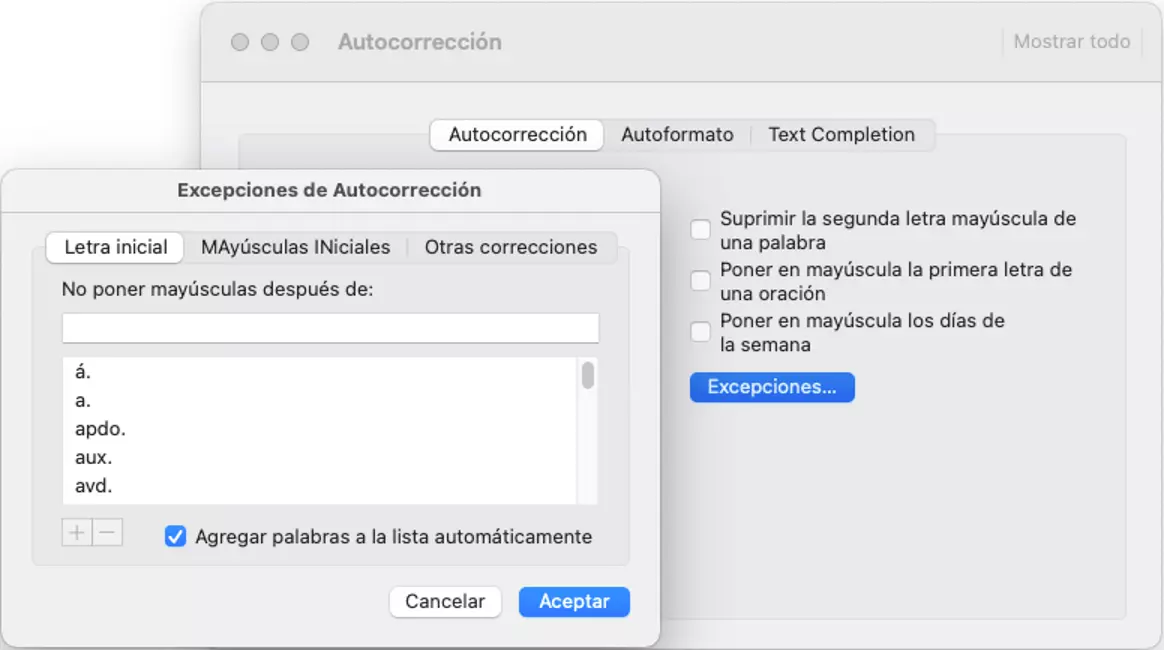 Outlook para Mac: excepciones de autocorrección