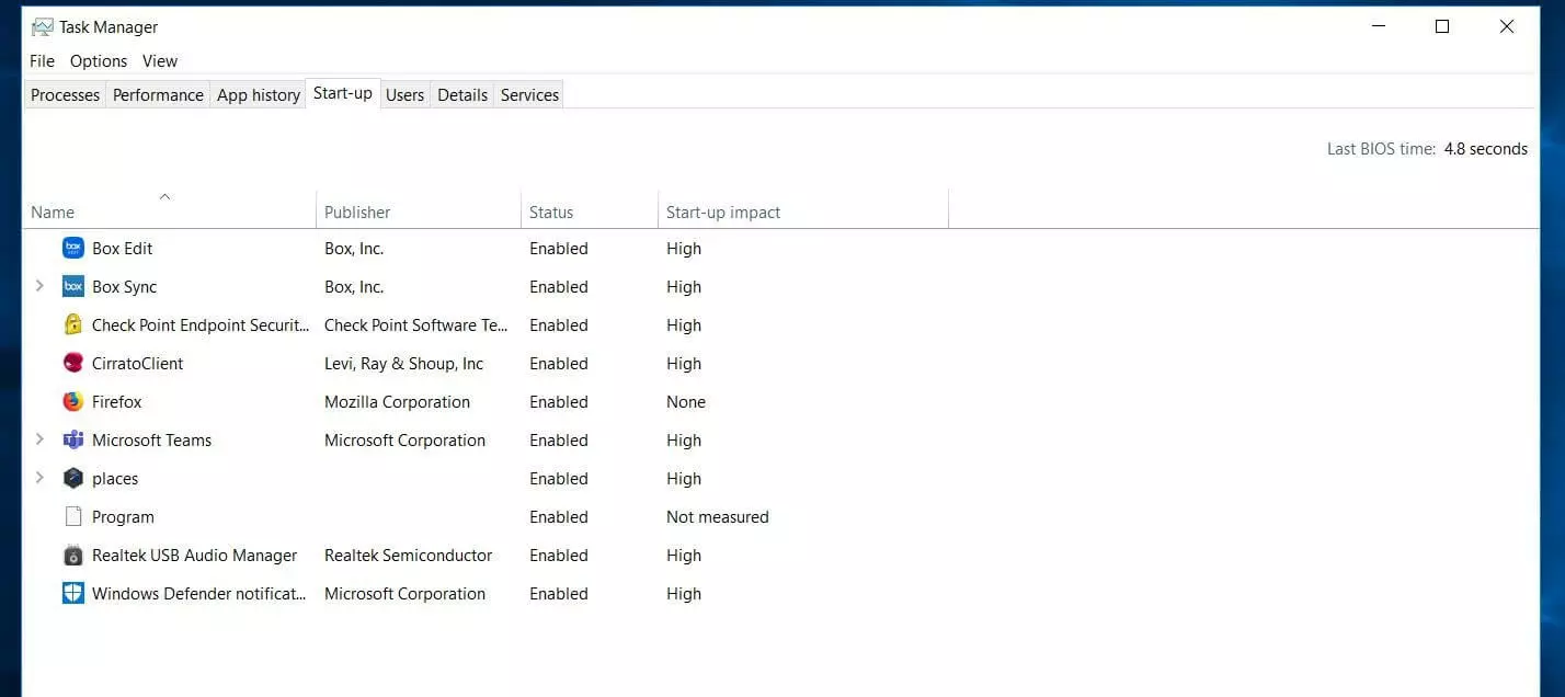 Pestaña Inicio del administrador de tareas de Windows 10