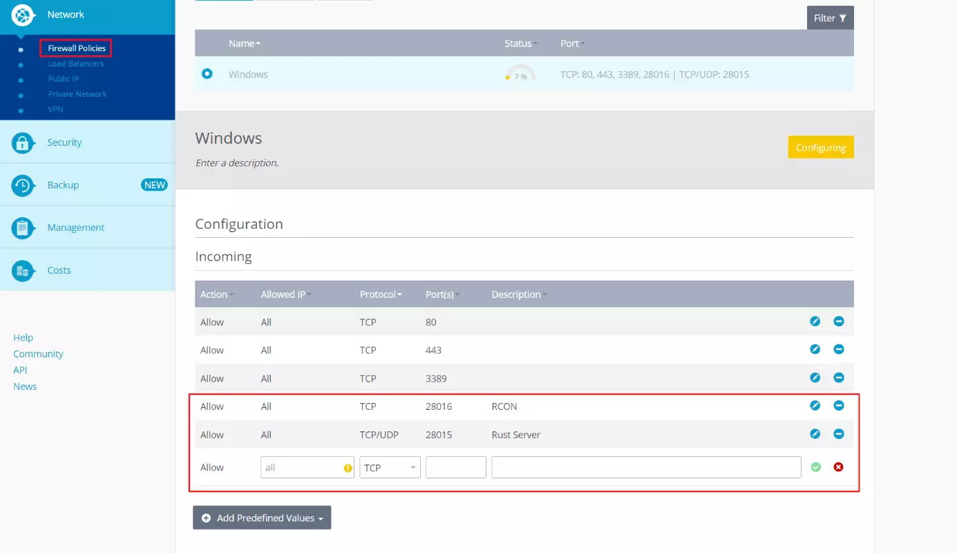 Compartir puertos en el Cloud Panel de IONOS