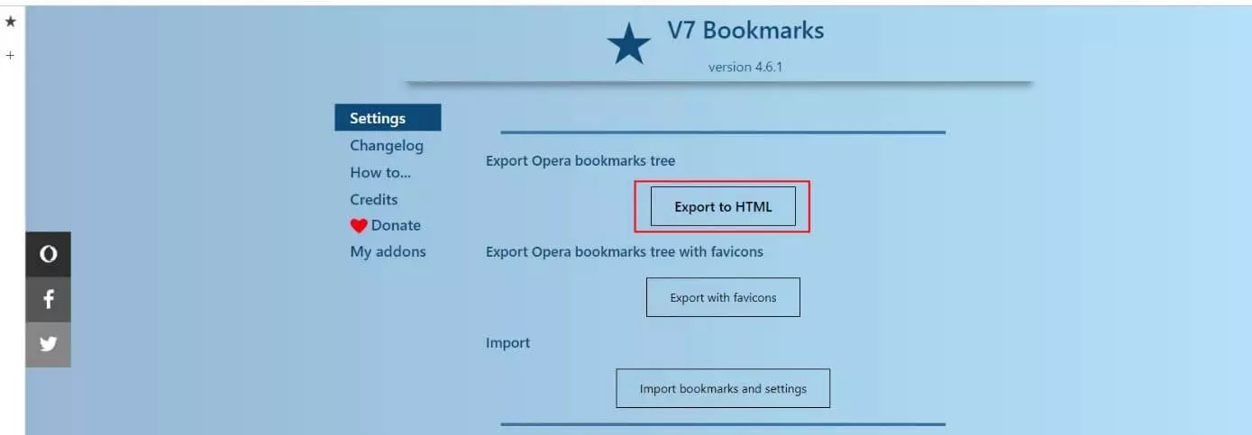 Menú de ajustes del add-on V7 Bookmarks de Opera