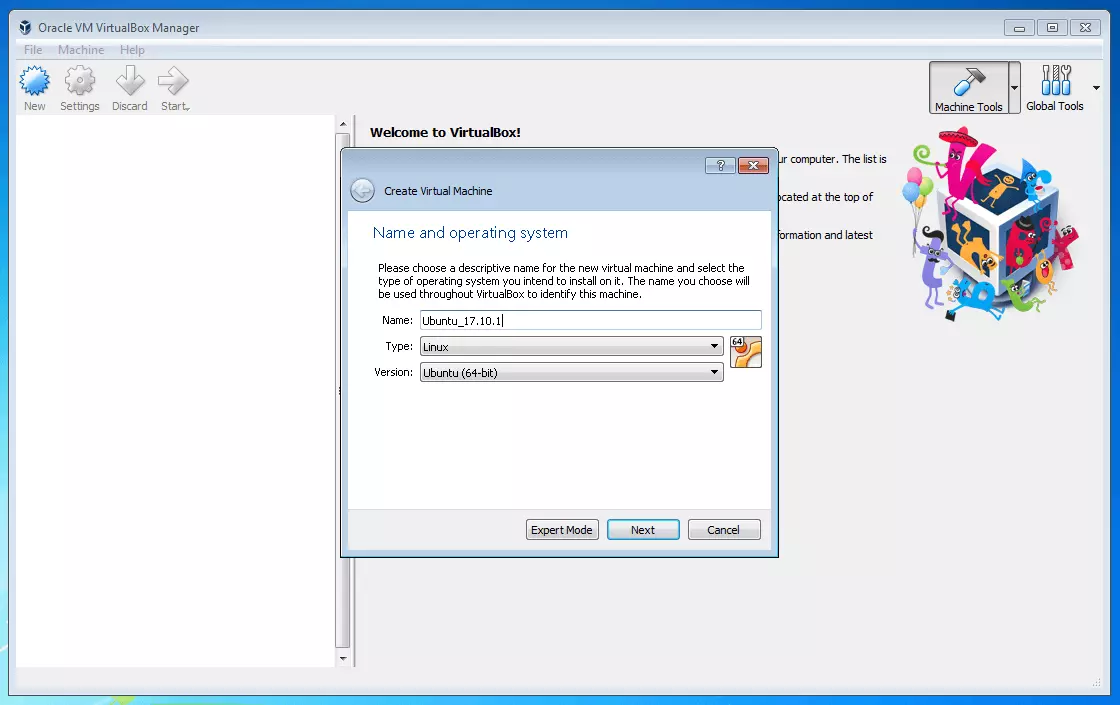 Oracle VM VirtualBox Manager: selección del sistema operativo