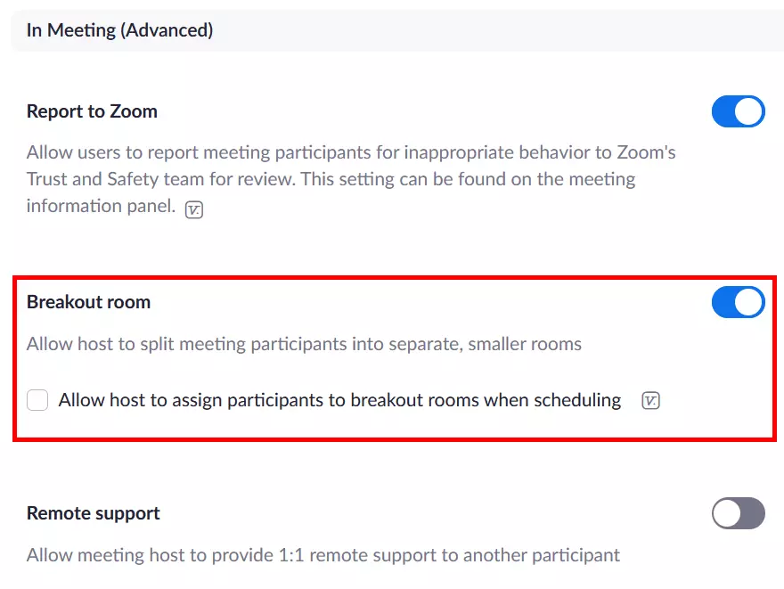 Opción de activar la función Zoom breakout room en la configuración de la cuenta de la página web de Zoom