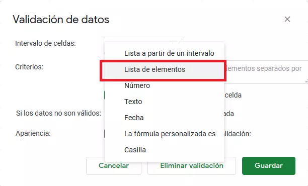 Google Sheets: menú “Validación de datos”