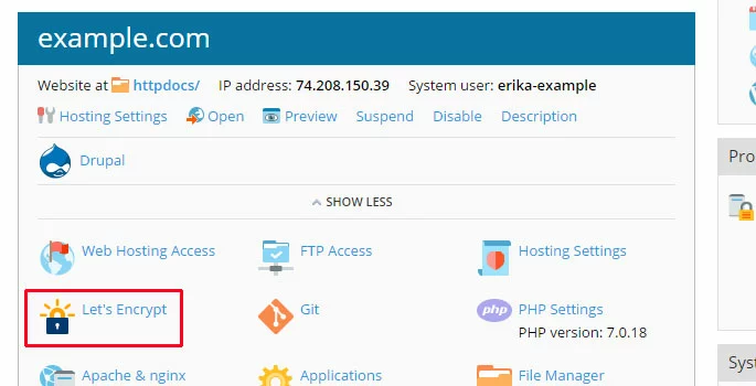 Captura de pantalla de Let’s Encrypt en Plesk