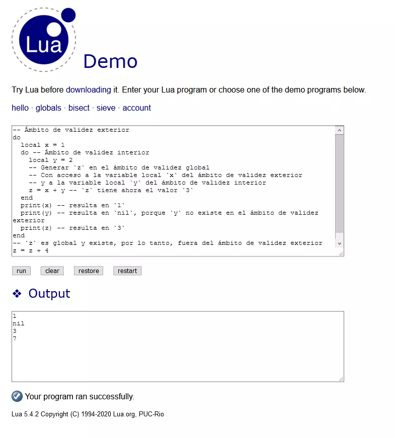 Plataforma demo interactiva de Lua