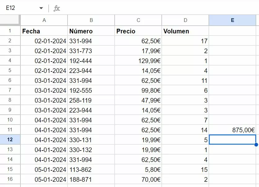 Captura de pantalla tras una multiplicación en Google Sheets