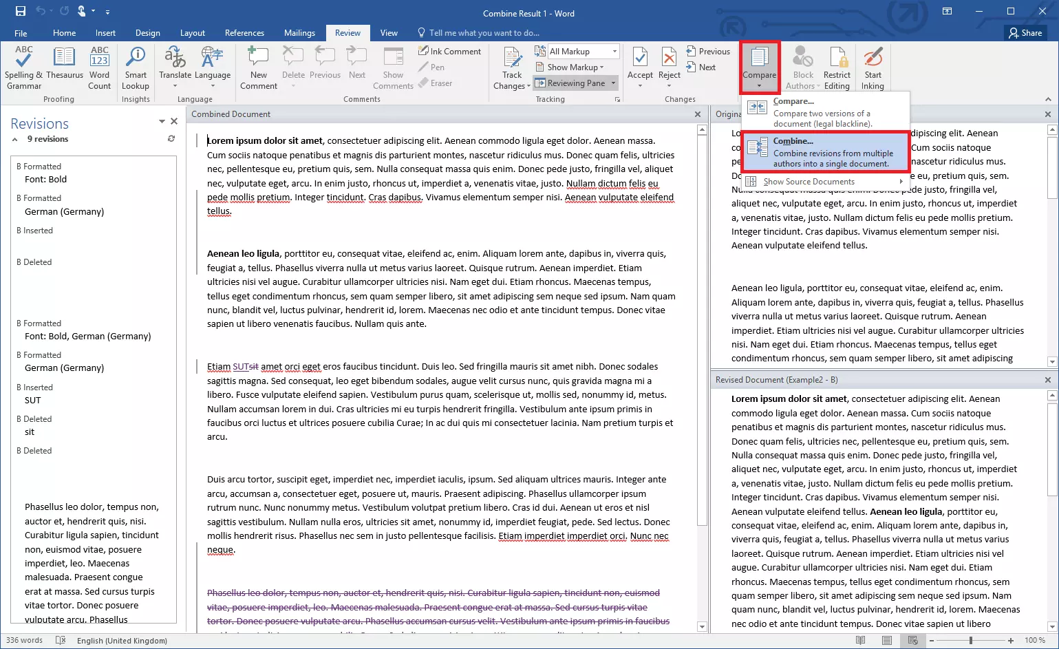 La ventana del programa que permite comparar y combinar documentos en Word.