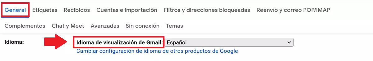 La categoría “General” y la opción “Idiomas” en el menú de Gmail