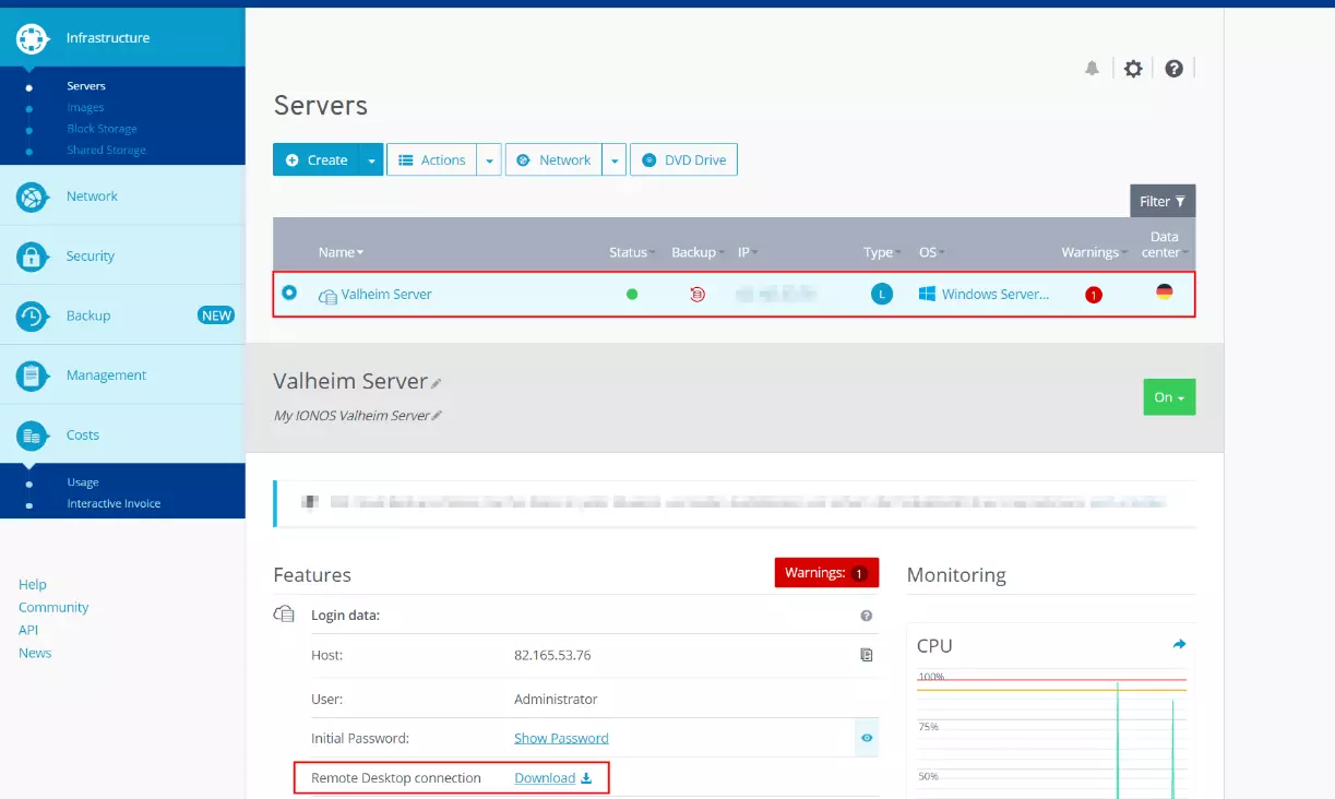 Vista general del acceso y los datos del servidor en el Cloud Panel de IONOS