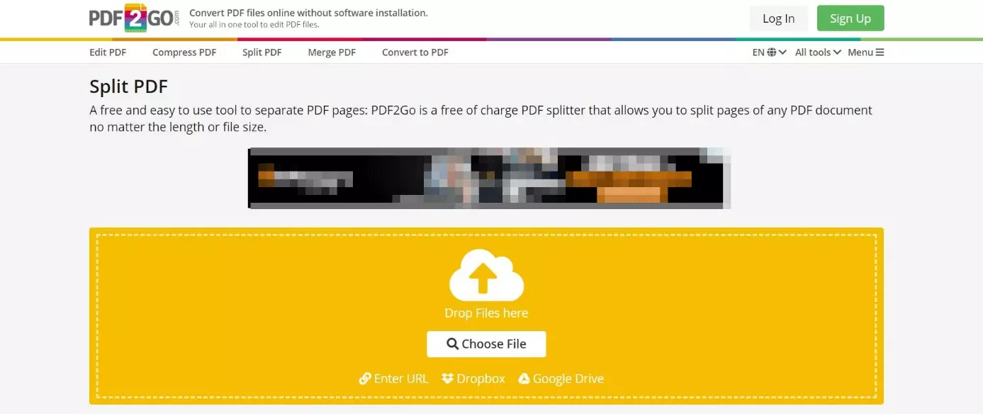 La página web de PDF2GO para dividir PDF