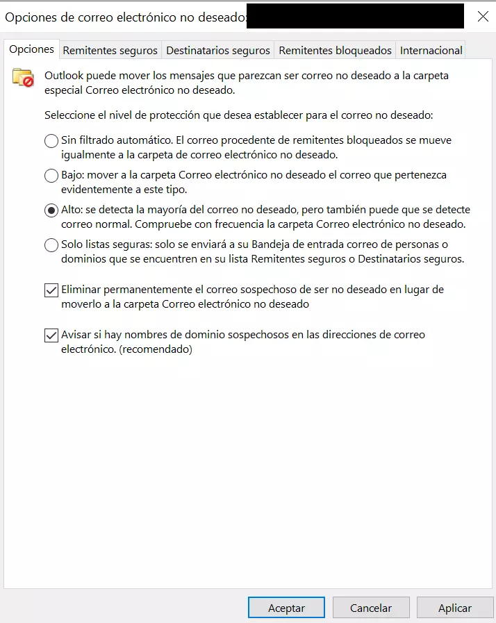 Opciones para el correo no deseado de Outlook