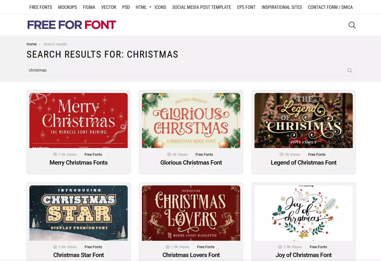 Captura de pantalla de página web de freeforfonts.com con los resultados para “Christmas”