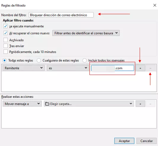 Menú en Thunderbird “Reglas de filtrado”