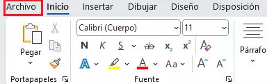 Pestaña Archivo de la cinta de opciones de Word