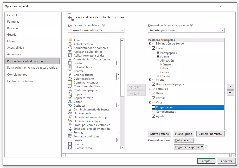 Ventana de opciones que permite activar las funciones de “Programador” en Excel