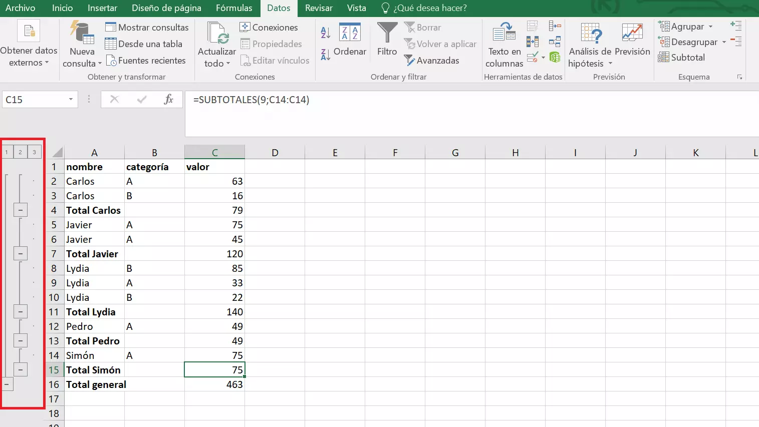 Barra lateral adicional en Excel con la herramienta de subtotales