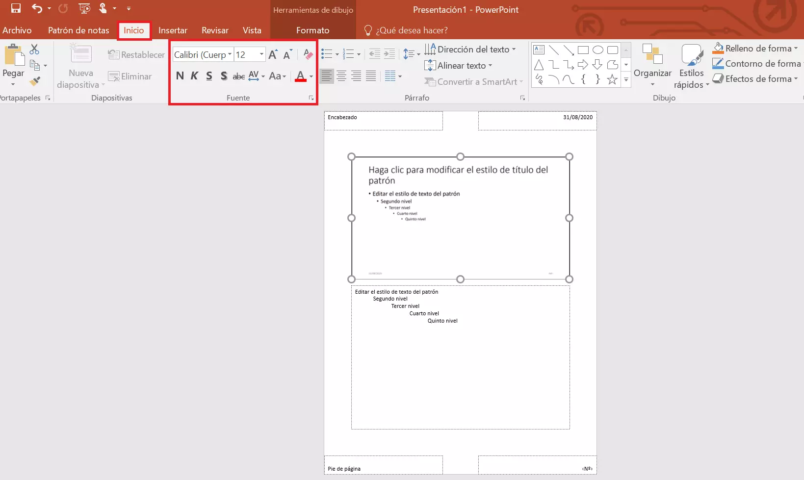 Patrón de notas de PowerPoint: configuración de fuente