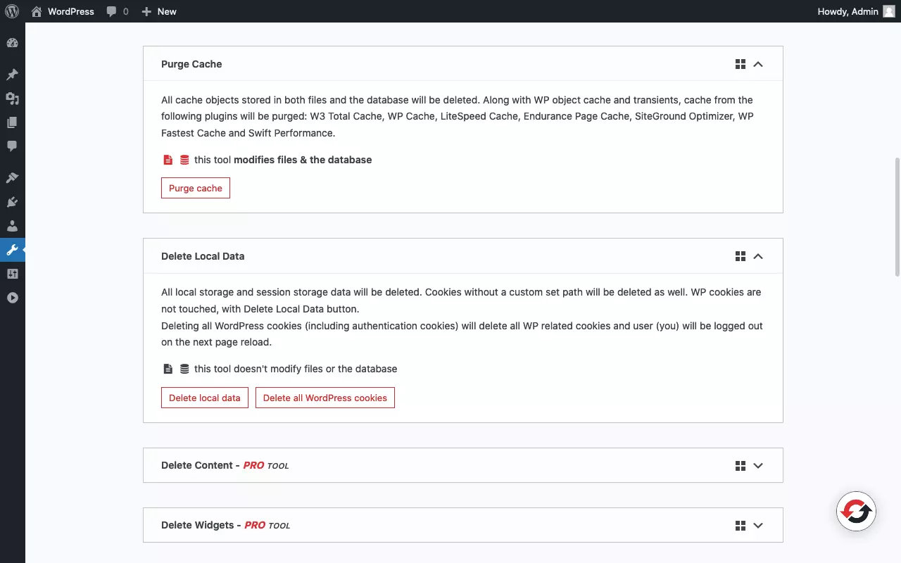 Captura de pantalla de las herramientas del plugin WP Reset (1/3)