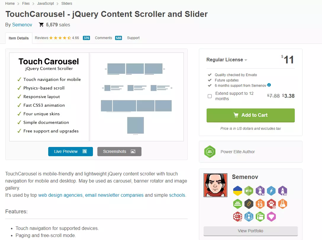 Captura de pantalla del plugin TouchCarousel en codecanyon.net