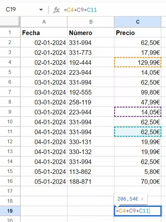 Captura de pantalla de la fórmula de la suma en Google Sheets