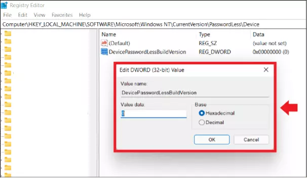 Windows 11: ventana de menú en el editor de registro para cambiar la solicitud de contraseña