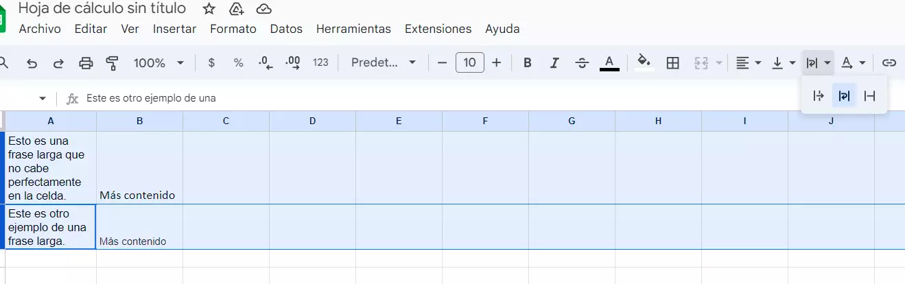 Captura de pantalla de un salto de línea automático en Google Sheets