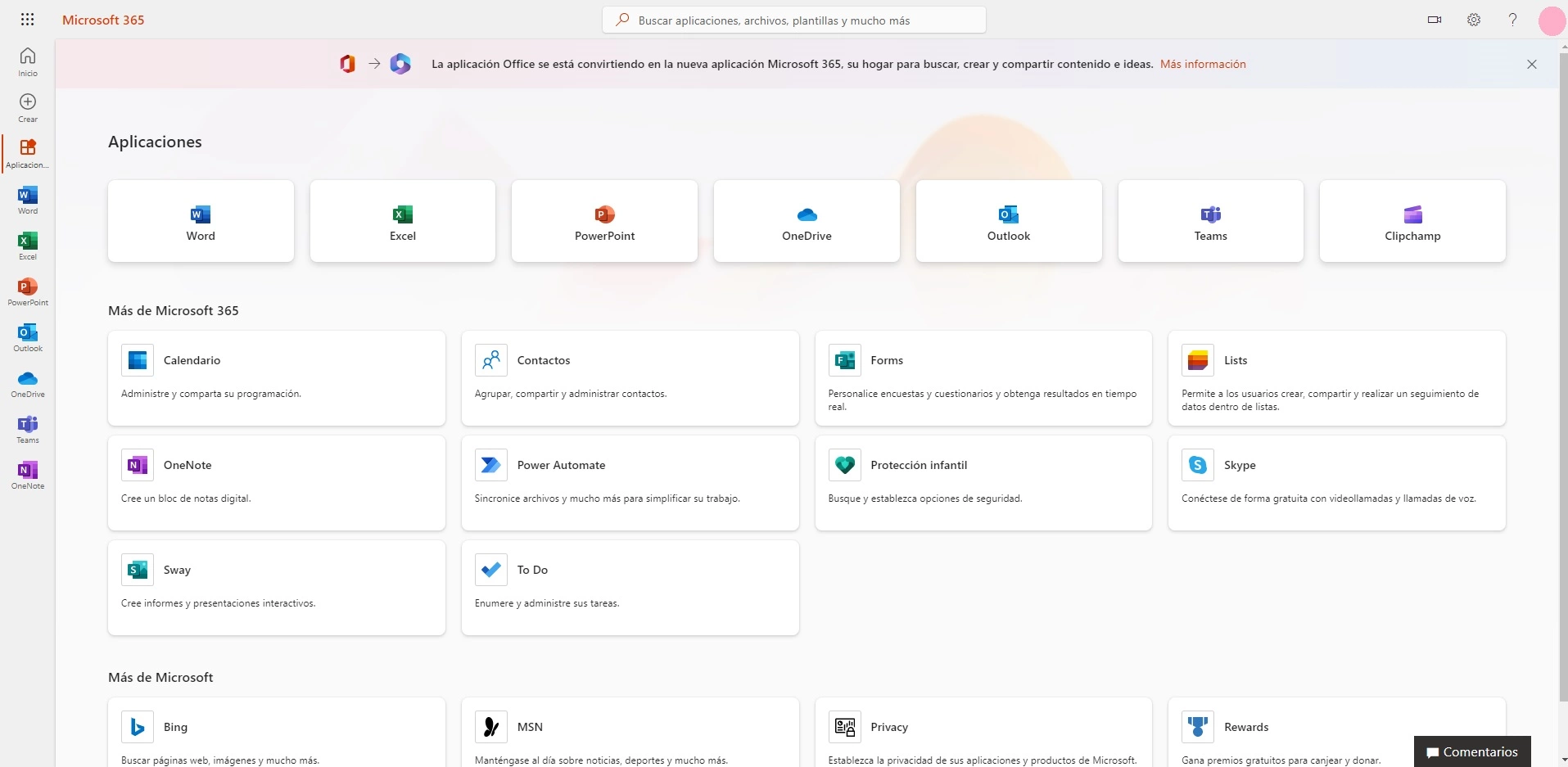 El menú “Aplicaciones” en la cuenta de Microsoft 365