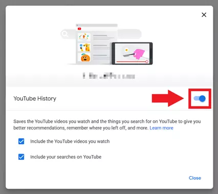 Opción para (des)activar el historial de YouTube