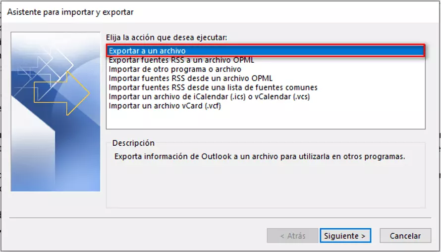 Asistente de importación y exportación de Outlook: posibles acciones