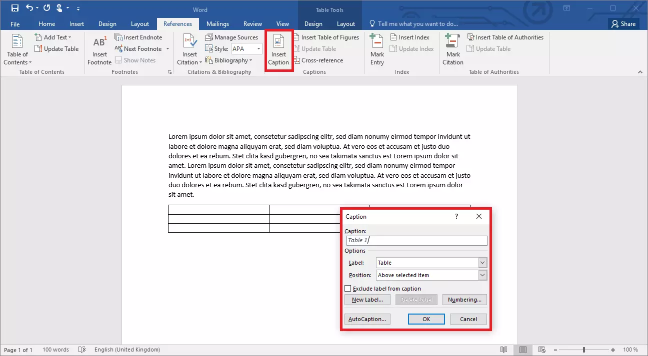 Insertar título en una tabla de Word