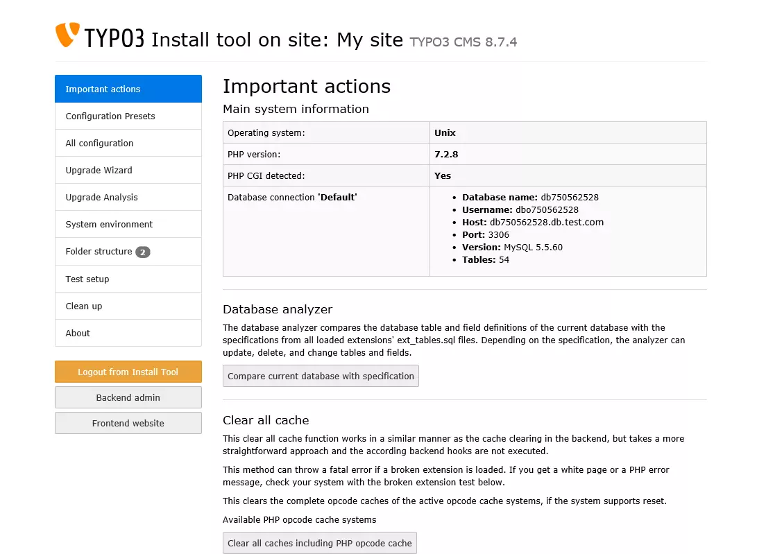 Vista de la información del sistema en el asistente de instalación y de los botones que llevan a los desarrolladores al backend y a los redactores al frontend