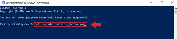 Introduce el comando “net user administrator /active:yes” en el intérprete de línea de comandos de PowerShell