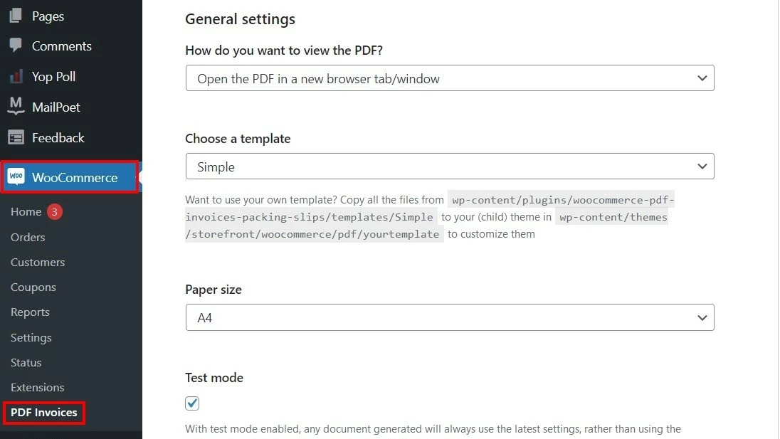 Menú de configuración general del plugin “WooCommerce PDF Invoices & Packing Slips”