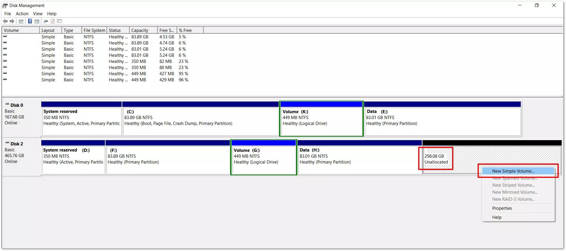 Administración de discos en Windows 10: ventana para crear un volumen simple