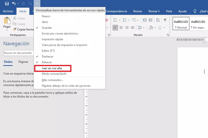 Barra de herramientas de Word para acceso rápido de “Leer en voz alta”