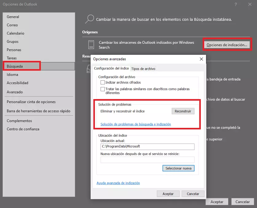 Reconstruir el índice de Outlook