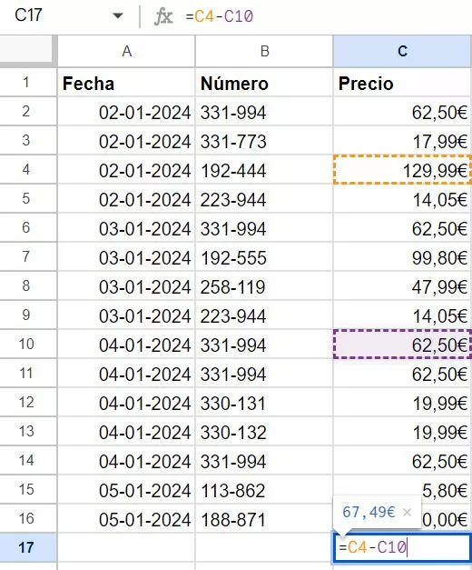 Captura de pantalla de la fórmula de la resta en Google Sheets