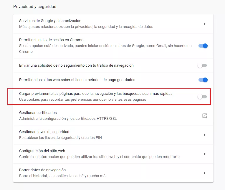 Menú de “Privacidad y seguridad” de Google Chrome