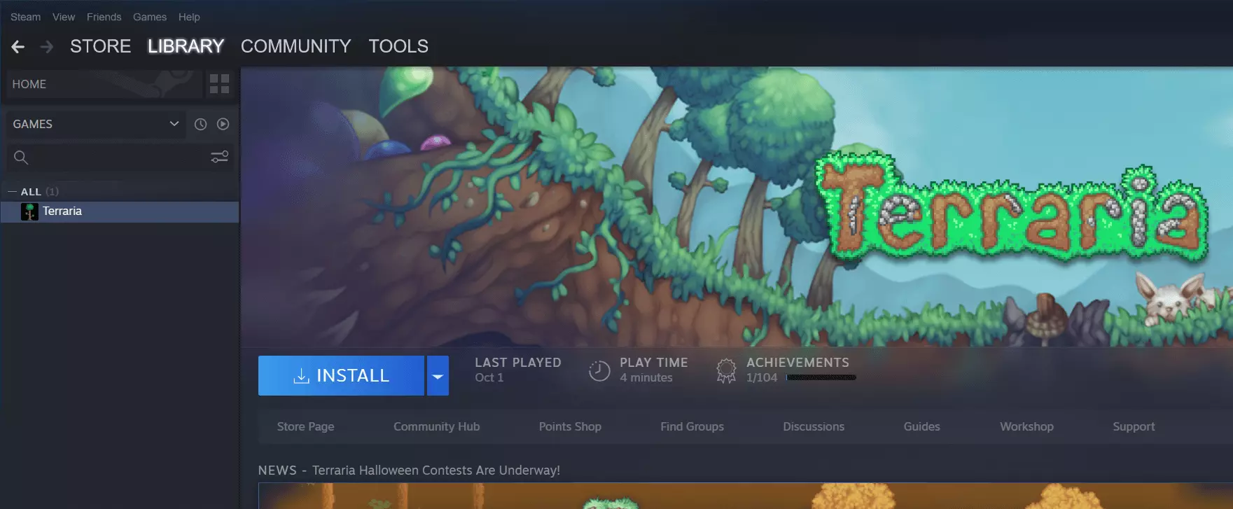 Terraria en la biblioteca de Steam