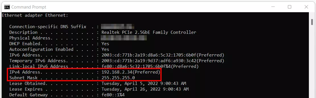 Línea de comandos en Windows 11: comando “ipconfig /all”