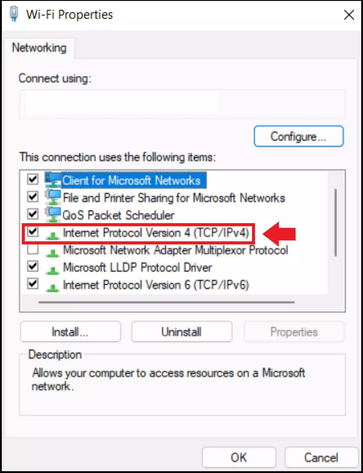 Elementos de red en el menú “Propiedades de Wi-Fi” de Windows 11 del adaptador de red seleccionado