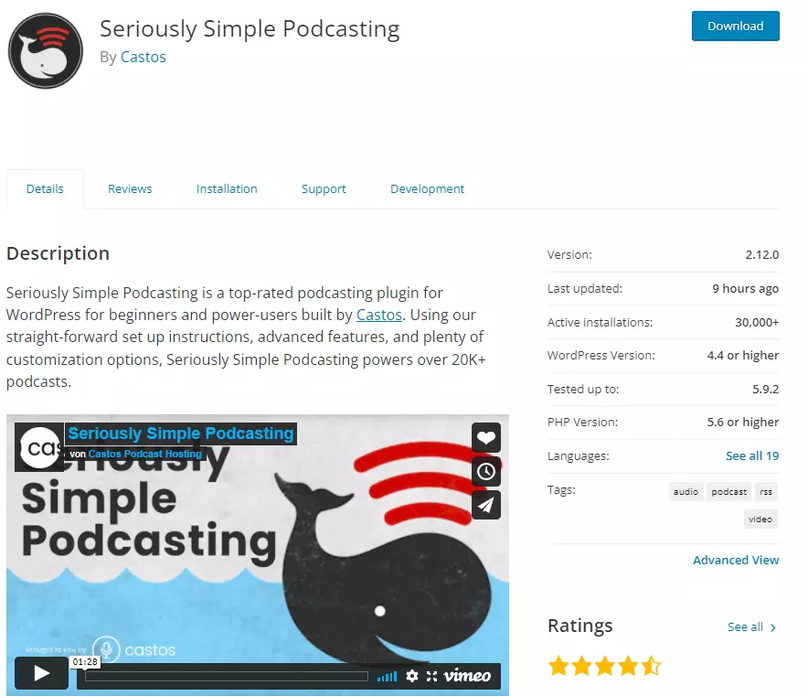 Descripción del plugin Seriously Simple Podcasting de WordPress