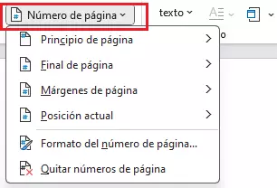 Menú para números de página de Word