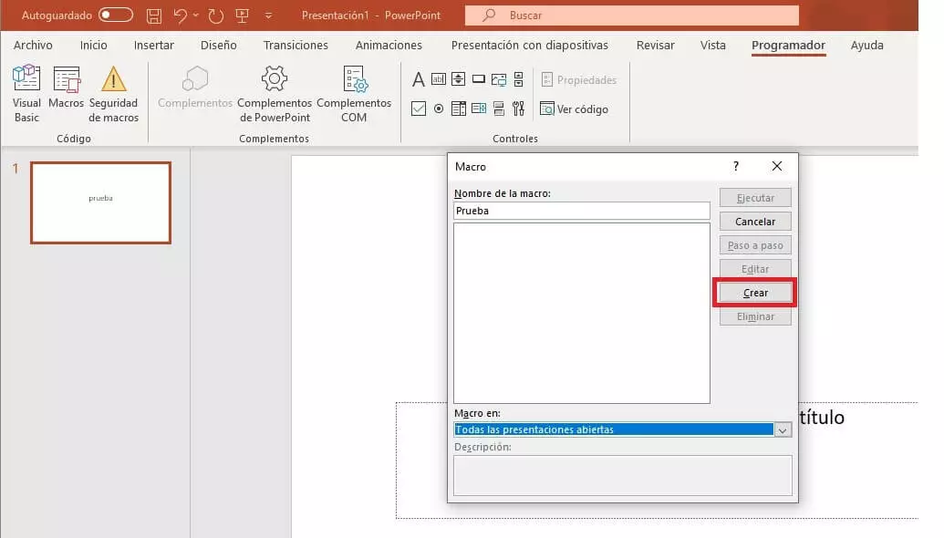 Crear macro en PowerPoint 2016