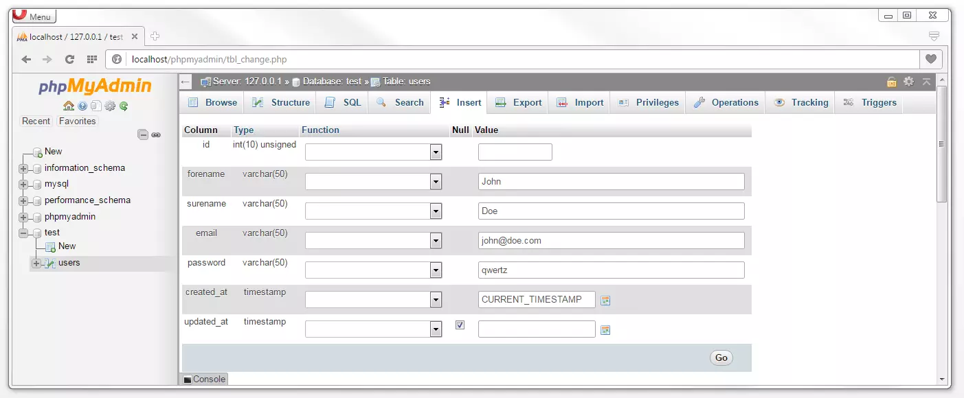 phpMyAdmin: datos de ejemplo en la máscara de entrada