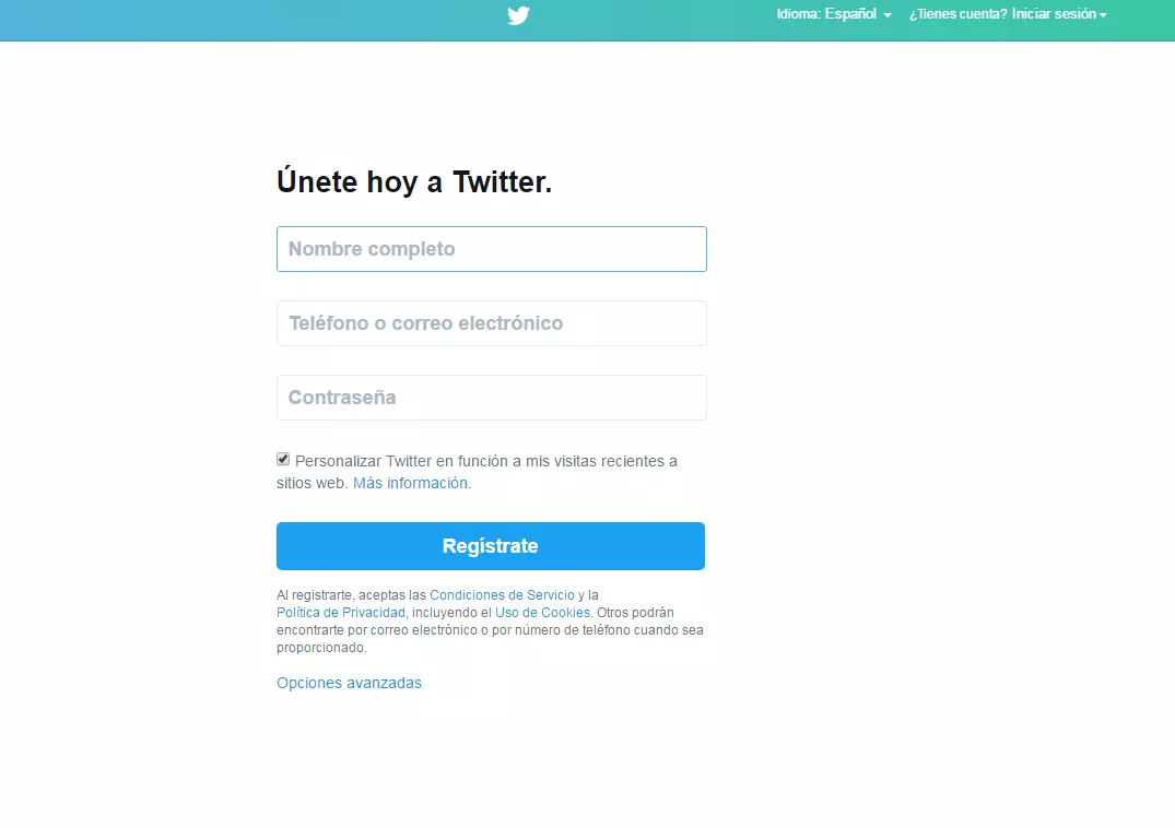 Captura de pantalla de la página de registro de Twitter