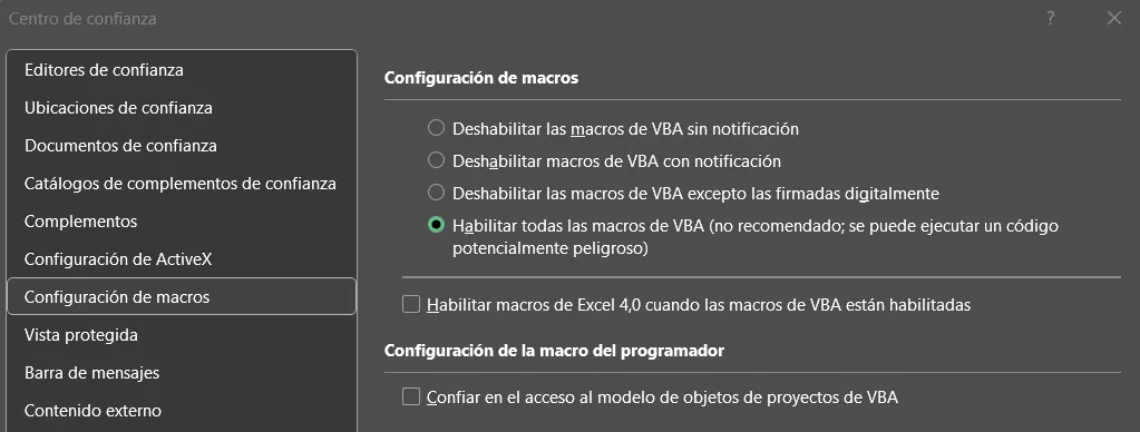 Configuración de macros en el Centro de confianza de Excel