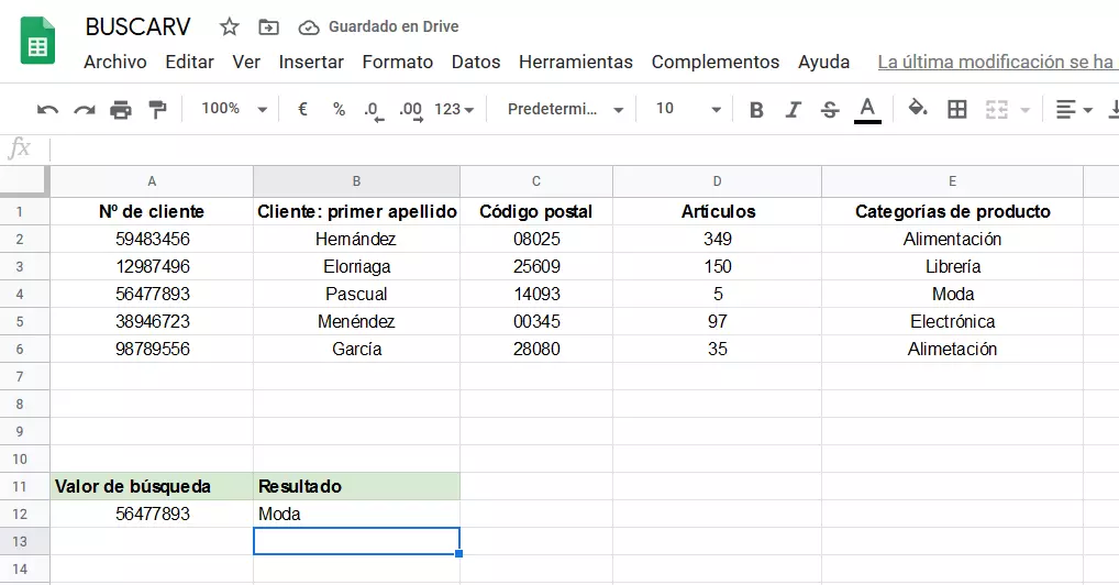 Resultado de BUSCARV en Google Sheets